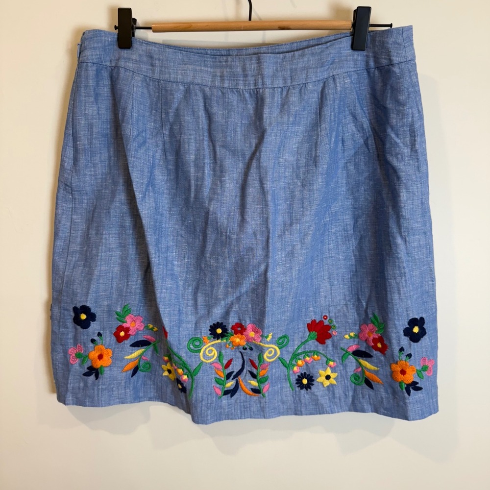 Talbots Blue Linen Blend Embroidered Floral A Line Skirt Size 12